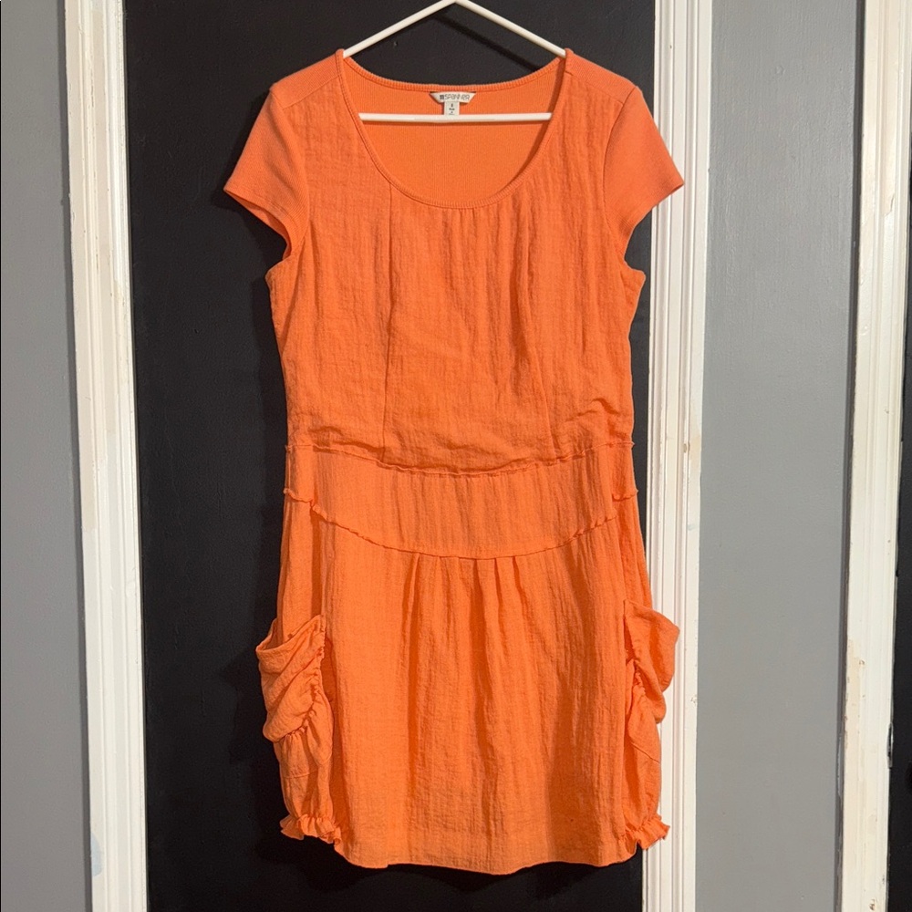 Spanner Y2K Orange Coral Artsy Lagenlook Pocket Bubble Lined Dress Sz: 8